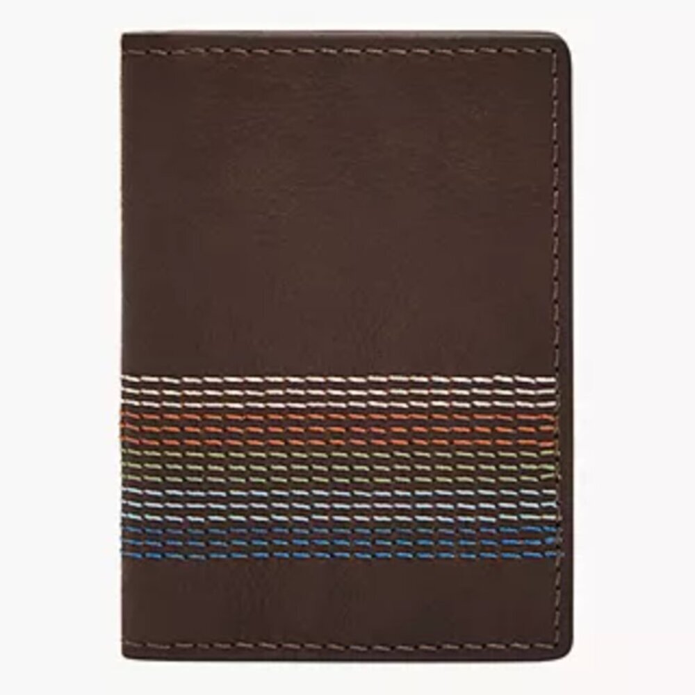 FOSSIL Brown Cillian Card Case Bifold Wallet w/ MultiColor Stripes, NWT ✨